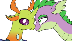 Size: 1680x967 | Tagged: safe, artist:equinoxthealicorn, spike, thorax, changedling, changeling, dragon, g4, to where and back again, gay, king thorax, male, older, older spike, ship:thoraxspike, shipping