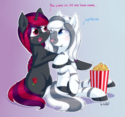 Size: 1600x1500 | Tagged: safe, artist:dsp2003, oc, oc only, oc:radiance the zony, oc:silkenshire rose, hybrid, pony, unicorn, zony, female, food, open mouth, popcorn, raspberry noise, siblings, simple background, single panel, tongue out