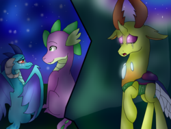 Size: 2000x1500 | Tagged: safe, artist:dreamcloudadopts, princess ember, spike, thorax, changedling, changeling, dragon, g4, to where and back again, crying, gay, hilarious in hindsight, implied thoraxspike, king thorax, male, ship:emberspike, ship:thoraxspike, shipping, shipping denied, straight, unrequited