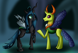 Size: 2629x1813 | Tagged: safe, artist:lunaying, queen chrysalis, thorax, changedling, changeling, changeling queen, g4, to where and back again, changeling king, duo, king thorax, raised hoof