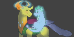 Size: 1366x686 | Tagged: safe, artist:sammythemutt, spike, thorax, changedling, changeling, dragon, g4, to where and back again, confused, cute, gay, glowing horn, glowing horns, happy, horn, king thorax, levitation, magic, male, ship:thoraxspike, shipping, telekinesis