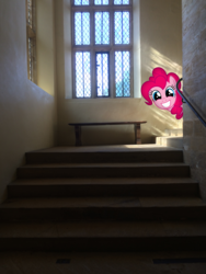 Size: 2448x3264 | Tagged: safe, artist:harvydraws, pinkie pie, g4, bench, high res, irl, photo, photoshop, ponies in real life, smiling, solo, stairs, vector