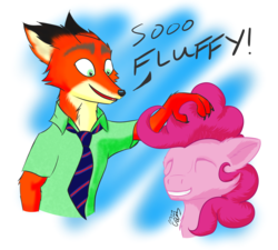 Size: 2757x2481 | Tagged: safe, artist:dodj-e-cur, pinkie pie, fox, g4, crossover, high res, nick wilde, zootopia