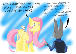 Size: 3508x2480 | Tagged: safe, artist:dodj-e-cur, angel bunny, fluttershy, pegasus, pony, rabbit, g4, animal, crossover, dialogue, disney, furry confusion, high res, judy hopps, zootopia