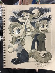 Size: 1536x2048 | Tagged: safe, artist:andy price, earth pony, pony, unicorn, beverly crusher, clothes, female, glasses, hat, hoof hold, mare, photo, ponified, signature, sitting, solo, star trek, star trek: the next generation, traditional art, uniform