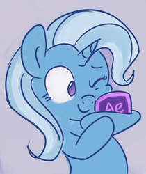Size: 838x1000 | Tagged: safe, artist:aemuhn, trixie, pony, unicorn, g4, after effects, female, happy, hug, mare, one eye closed, raised eyebrow, simple background, solo, squishy cheeks