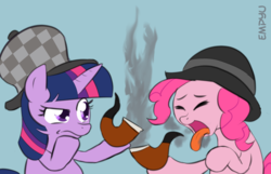 Size: 1000x643 | Tagged: safe, artist:empyu, pinkie pie, twilight sparkle, pony, g4, mmmystery on the friendship express, duo, hat, pipe, simple background, smoking