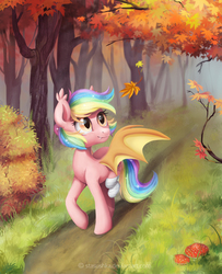 Size: 1708x2108 | Tagged: safe, artist:stasushka, oc, oc only, oc:paper stars, bat pony, pony, amputee, commission, forest, scenery, solo