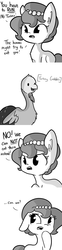 Size: 792x3168 | Tagged: safe, artist:tjpones, oc, oc only, oc:brownie bun, oc:gobbles, earth pony, pony, turkey, horse wife, comic, contemplating insanity, descriptive noise, dialogue, ear fluff, floppy ears, fluffy, frown, glare, grayscale, grimderp, implied vore, meme, monochrome, open mouth, raised eyebrow, raised hoof, simple background, smiling, white background