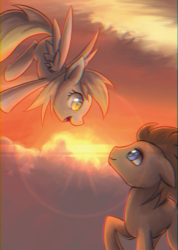 Size: 499x700 | Tagged: dead source, safe, artist:coma392, derpy hooves, doctor whooves, time turner, pegasus, pony, g4, chromatic aberration, cloud, female, flying, lens flare, male, mare, raised hoof, ship:doctorderpy, shipping, straight, sun