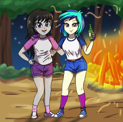 Size: 3507x3472 | Tagged: safe, artist:sumin6301, dj pon-3, octavia melody, vinyl scratch, equestria girls, g4, my little pony equestria girls: legend of everfree, camper, campfire, clothes, converse, duo, forest, high res, legs, looking at you, shoes, smiling, sneakers, socks