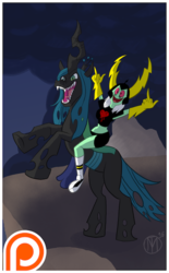 Size: 372x600 | Tagged: dead source, safe, artist:malcolmthomas, queen chrysalis, g4, crossover, lord dominator, rearing, riding, this will not end well, wander over yonder
