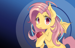 Size: 1964x1271 | Tagged: safe, artist:kawaiipony2, fluttershy, bat pony, pony, g4, apple, bat ponified, bat wings, cute, female, flutterbat, food, fruit, hoof hold, looking at you, mare, open mouth, race swap, red eyes, shyabates, shyabetes, solo, wings