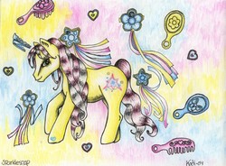 Size: 800x588 | Tagged: safe, artist:nekokadi, sparklesnap, earth pony, pony, g3, brush, comb, female, jewelry, mare, mirror, ribbon, solo, tiara, traditional art