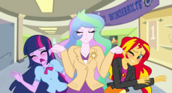 Size: 3914x2122 | Tagged: safe, artist:loulouvz, princess celestia, principal celestia, sunset shimmer, twilight sparkle, equestria girls, g4, blushing, canterlot high, celestia is not amused, discipline, ear grab, ear pull, female, hallway, high res, imminent spanking, punishment, this will end in detention, trio, trio female, twilight sparkle (alicorn), unamused