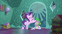 Size: 1366x768 | Tagged: safe, screencap, spike, starlight glimmer, dragon, pony, unicorn, the crystalling, butt, crystal empire, female, glimmer glutes, male, mare, plot, storm