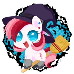 Size: 600x600 | Tagged: safe, artist:exceru-karina, oc, oc only, oc:rouge swirl, bat, pony, broom, chibi, clothes, costume, ear piercing, flying, flying broomstick, looking at you, open mouth, piercing, simple background, smiling, solo, spider web, transparent background, witch