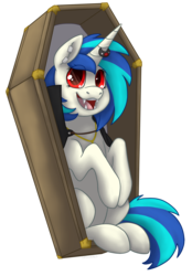 Size: 2079x2994 | Tagged: safe, artist:darkodraco, dj pon-3, vinyl scratch, pony, unicorn, vampire, g4, coffin, fangs, female, high res, horn, looking at you, mare, open mouth, simple background, singing, solo, transparent background