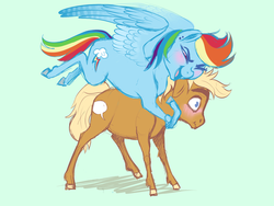 Size: 1024x768 | Tagged: safe, artist:loryska, quibble pants, rainbow dash, pony, g4, blushing, cloven hooves, duo, eyes closed, flying, hug, hug from behind, male, ship:quibbledash, shipping, straight, surprise hug, wavy mouth