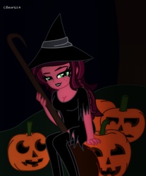 Size: 1490x1802 | Tagged: safe, artist:cbear624, gloriosa daisy, equestria girls, g4, black lipstick, breasts, broom, cleavage, clothes, costume, female, food, halloween, jack-o-lantern, lipstick, looking at you, pumpkin, smiling, stockings, witch