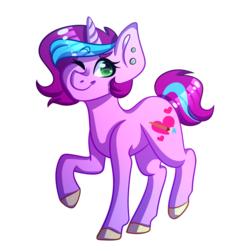 Size: 3500x3500 | Tagged: safe, artist:micky-ann, oc, oc only, oc:artsy fantasy, pony, unicorn, high res, one eye closed, raised hoof, raised leg, simple background, solo, transparent background, wink