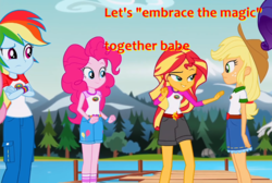 Size: 1144x768 | Tagged: safe, edit, edited screencap, screencap, applejack, fluttershy, pinkie pie, rainbow dash, sunset shimmer, equestria girls, g4, my little pony equestria girls: legend of everfree, embrace the magic, female, lesbian, lidded eyes, ship:appleshimmer, shipping, text