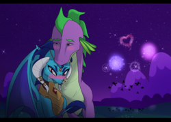Size: 961x689 | Tagged: safe, artist:gamblingfoxinahat, princess ember, spike, dragon, g4, armor, blushing, horn, horn jewelry, horn ring, jewelry, male, older, older spike, ship:emberspike, shipping, straight, tsundember, tsundere