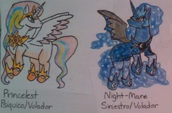 Size: 1015x669 | Tagged: safe, artist:wolf, princess celestia, princess luna, g4, crossover, pokémon, spanish, traditional art