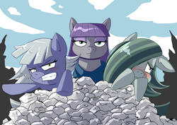 Size: 1600x1131 | Tagged: safe, artist:alvh-omega, limestone pie, marble pie, maud pie, g4, angry, blushing, pie sisters, rock