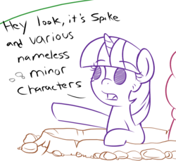 Size: 1967x1800 | Tagged: safe, artist:sykobelle, twilight sparkle, g4, dialogue, empty eyes, hole, no catchlights, no pupils, partial color, pointing, simple background, sketch, solo focus, white background
