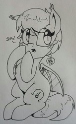 Size: 783x1280 | Tagged: safe, artist:notenoughapples, oc, oc only, oc:capillary, bat pony, pony, blushing, eeee, inktober, jewelry, monochrome, necklace, skree, solo, traditional art