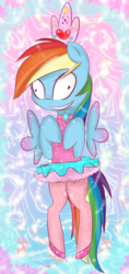 Size: 1240x2630 | Tagged: safe, artist:jonathan the awesome, derpibooru exclusive, rainbow dash, fairy, g4, clothes, crown, female, insanity, jewelry, necklace, pantyhose, rainbow dash always dresses in style, regalia, shoes, skirt, solo, sparkles, tutu