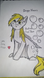 Size: 4128x2322 | Tagged: safe, derpy hooves, pegasus, pony, g4, bubble, colored, cute, female, love, mare, pencil, pencil drawing, scratches, sketch, sketchbook, solo, traditional art