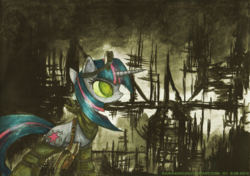 Size: 3480x2450 | Tagged: safe, artist:kairaanix, twilight sparkle, g4, among the ruins, apocalypse, clothes, fanfic, fanfic art, fanfic cover, female, high res, solo, traditional art, watercolor painting