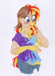 Size: 800x1100 | Tagged: safe, artist:foxxy-arts, sunset shimmer, human, equestria girls, g4, blushing, breasts, cleavage, female, ponied up, solo, transformation