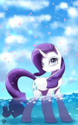 Size: 1200x1920 | Tagged: safe, artist:laptop-pone, rarity, pony, unicorn, g4, blue eyes, crepuscular rays, female, horn, mare, ocean, partially submerged, smiling, solo, standing in water, sunlight, water