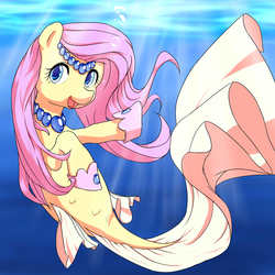 Size: 4200x4200 | Tagged: safe, artist:bauru, fluttershy, mermaid, merpony, g4, absurd resolution, cute, female, hoof shoes, open mouth, shyabetes, solo, species swap, underwater, watershy