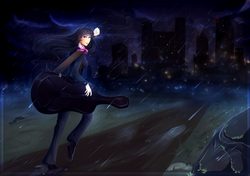 Size: 3189x2246 | Tagged: safe, artist:koveliana, octavia melody, human, g4, cello case, chromatic aberration, city, clothes, dirt road, female, high res, humanized, night, pants, rain, rock, running, shoes, solo