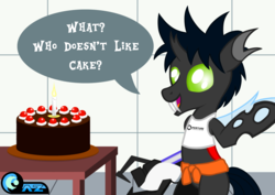 Size: 3508x2480 | Tagged: safe, artist:az-derped-unicorn, oc, oc only, oc:flik, changeling, aperture science, black forest cake, cake, changeling oc, clothes, crossover, dialogue, food, high res, midriff, portal (valve), portal gun, question, solo, speech bubble, tank top