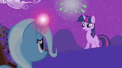 Size: 1280x720 | Tagged: safe, screencap, trixie, twilight sparkle, pony, unicorn, g4, magic duel, background pony, fireworks, unicorn twilight