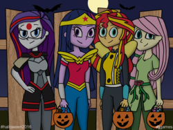 Size: 1600x1200 | Tagged: safe, artist:djgames, fluttershy, rarity, sunset shimmer, twilight sparkle, equestria girls, g4, bumblebee (dc comics), dc comics, dc superhero girls, halloween, hand on hip, katana, nightmare night, poison ivy, pumpkin bucket, sword, twilight sparkle (alicorn), weapon, wonder woman