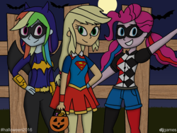 Size: 1600x1200 | Tagged: safe, artist:djgames, applejack, pinkie pie, rainbow dash, equestria girls, g4, batgirl, batman, clothes, halloween, hand on hip, harley quinn, male, nightmare night, pumpkin bucket, skirt, supergirl, superman