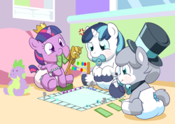 Size: 1248x883 | Tagged: safe, artist:artiecanvas, shining armor, spike, twilight sparkle, oc, alicorn, pony, g4, age regression, baby, baby pony, babying armor, babylight sparkle, cute, diaper, diaper fetish, foal, monopoly, pacifier, scepter, shining adorable, twiabetes, twilight scepter, twilight sparkle (alicorn)