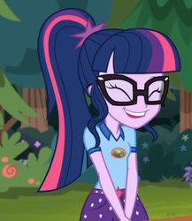 Size: 524x604 | Tagged: safe, screencap, sci-twi, twilight sparkle, equestria girls, g4, my little pony equestria girls: legend of everfree, ^^, clothes, cropped, cute, eyes closed, female, giggling, glasses, ponytail, solo, twiabetes