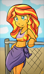 Size: 904x1504 | Tagged: safe, artist:zutcha, sunset shimmer, equestria girls, g4, beach, belly button, bikini top, female, fence, midriff, sarong, solo