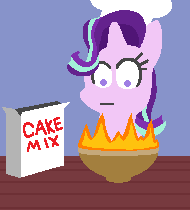 Size: 190x210 | Tagged: safe, artist:threetwotwo32232, starlight glimmer, every little thing she does, g4, :|, animated, baking, batter, bowl, cake batter, chef's hat, epic fail, fail, female, fire, gif, hat, male, reference, simple background, simpsons did it, solo, table, the simpsons, wat