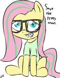Size: 684x896 | Tagged: safe, artist:jonathan the awesome, derpibooru exclusive, fluttershy, g4, braces, clothes, female, glasses, hippie, hippieshy, shirt, simple background, solo