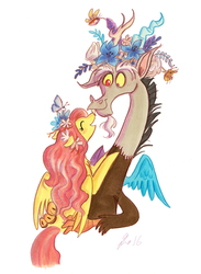 Size: 733x1000 | Tagged: safe, artist:praysforaprankster, discord, fluttershy, bee, butterfly, draconequus, moth, pegasus, pony, g4, duo, flower, flower in hair, male, ship:discoshy, shipping, straight