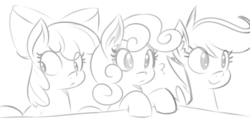 Size: 1280x610 | Tagged: dead source, safe, artist:reiduran, apple bloom, scootaloo, sweetie belle, earth pony, pegasus, pony, unicorn, g4, apple bloom's bow, bow, cutie mark crusaders, ear fluff, eye clipping through hair, female, filly, foal, grayscale, hair bow, monochrome, question mark, sketch, smiling, spread wings, trio, wings
