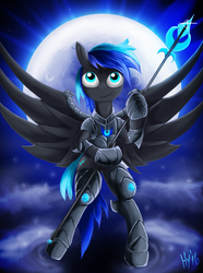 Size: 873x1175 | Tagged: safe, artist:jphyperx, oc, oc only, oc:nightwolf, pegasus, anthro, semi-anthro, armor, flying, full moon, moon, solo, spear, spread wings, standing, weapon, wings